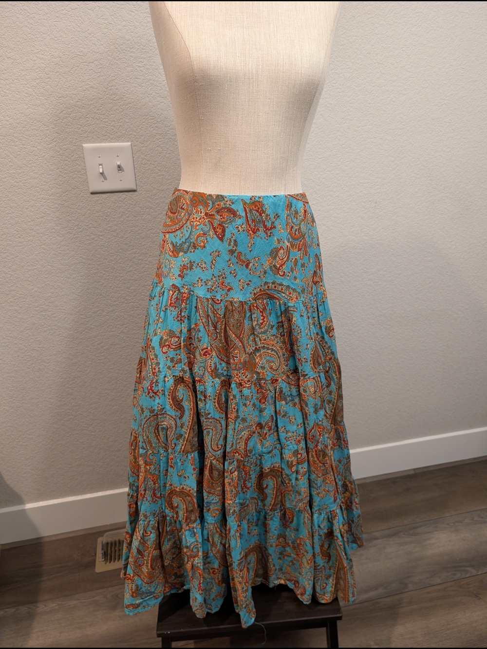 Lauren Ralph Lauren Sz 2X Turquoise Paisley Bohemian Tiered Maxi Skirt